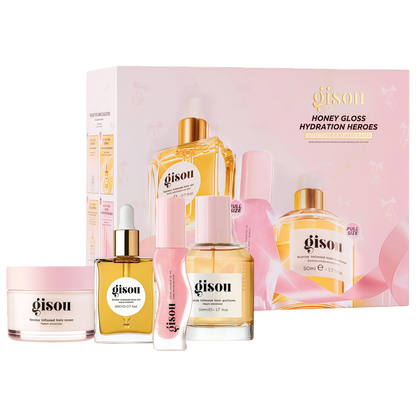 Gisou Honey Gloss Hydration Heroes Value Set – Honey Infused Hair Perfume, Hydrating Lip Oil, Mini Honey Hair Oil & Mask – Nourishing Shine & Deep Hydration for Hair & Lips